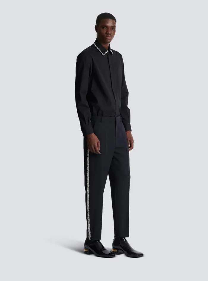 Balmain Trousers And Shorts Men Embroidered Grain De Poudre Trousers Black