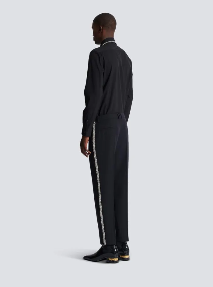 Balmain Trousers And Shorts Men Embroidered Grain De Poudre Trousers Black