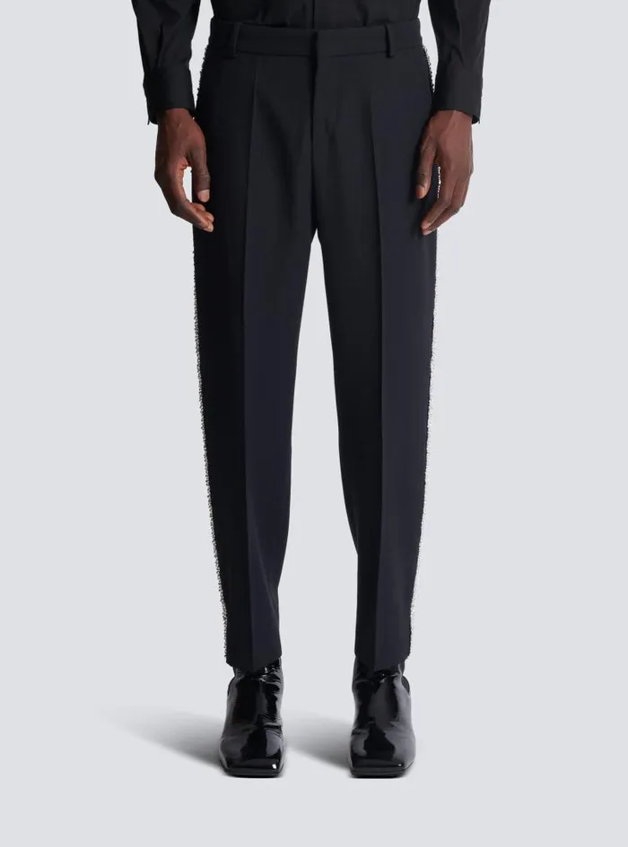 Balmain Trousers And Shorts Men Embroidered Grain De Poudre Trousers Black