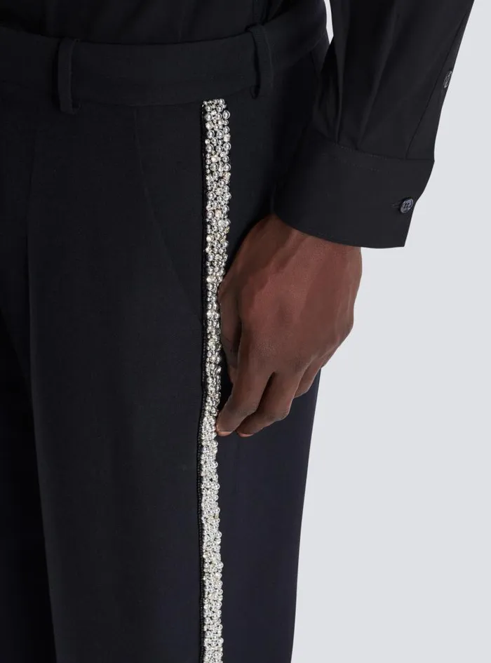Balmain Trousers And Shorts Men Embroidered Grain De Poudre Trousers Black