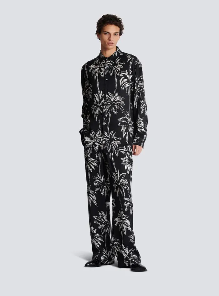 Balmain Trousers And Shorts Men Palm Print Satin Pyjama Trousers Black
