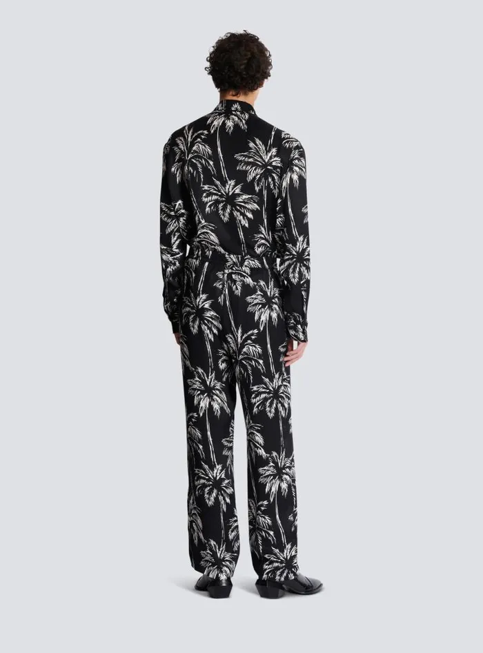 Balmain Trousers And Shorts Men Palm Print Satin Pyjama Trousers Black
