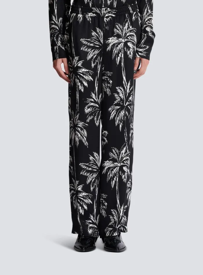 Balmain Trousers And Shorts Men Palm Print Satin Pyjama Trousers Black