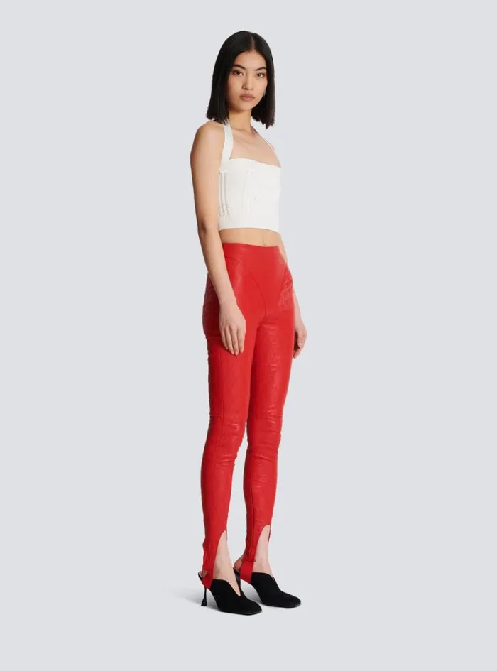 Balmain Trousers And Shorts Women Topstitched Leather Leggings Red