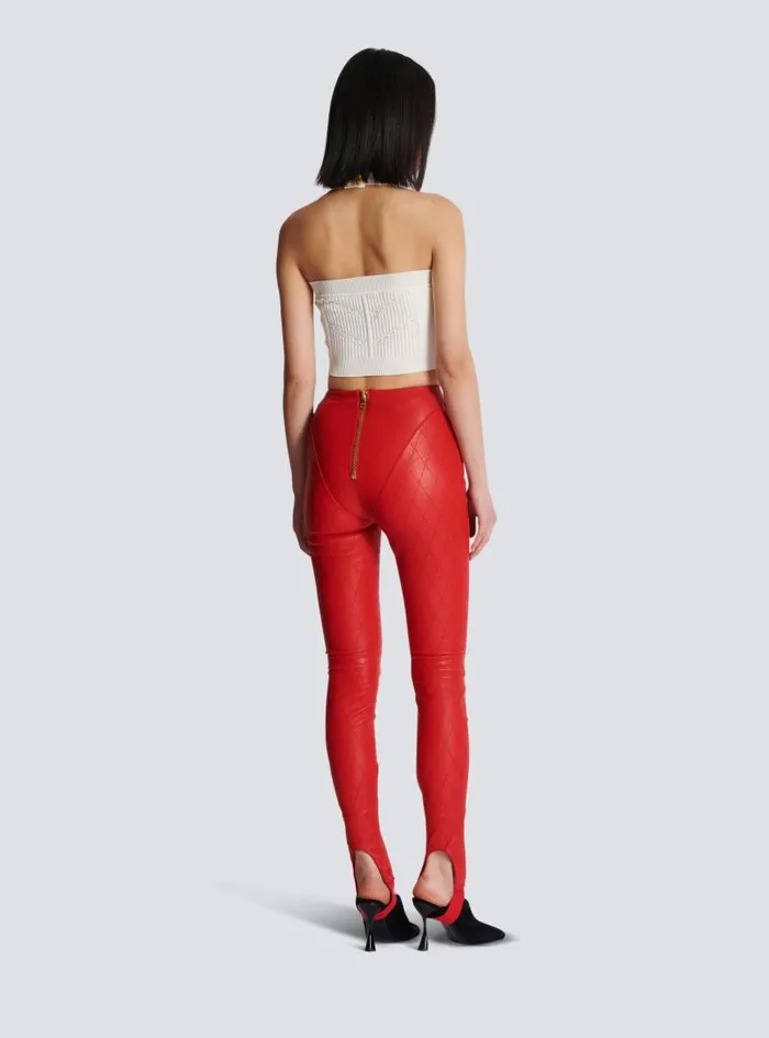 Balmain Trousers And Shorts Women Topstitched Leather Leggings Red