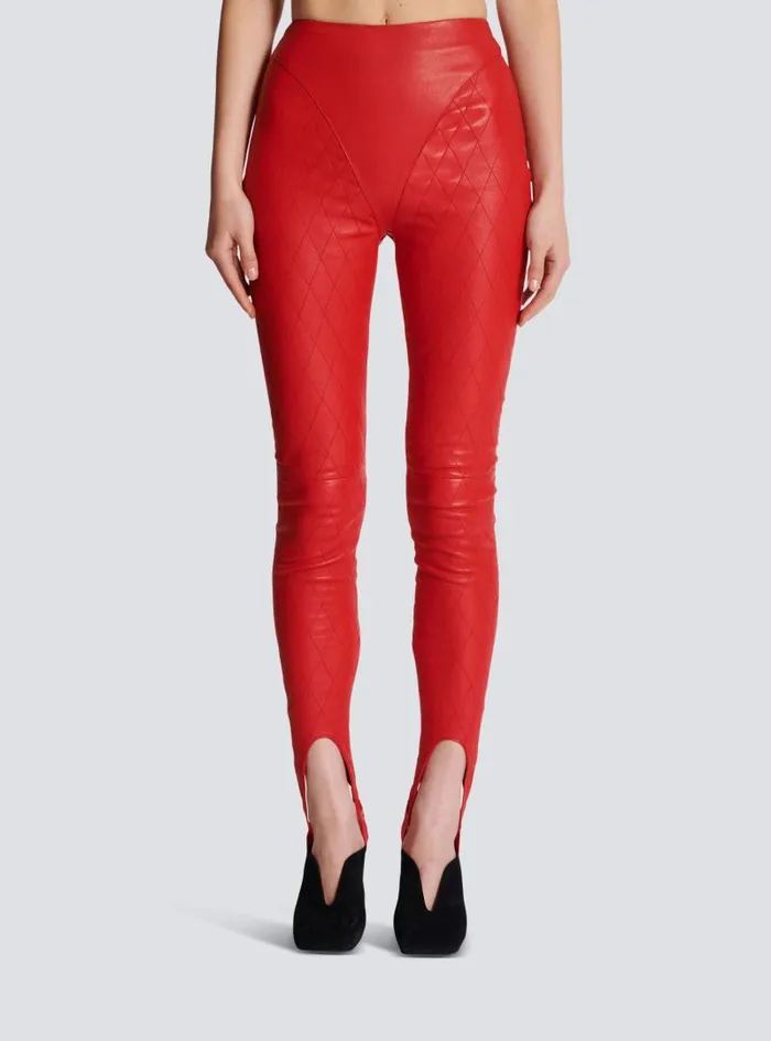Balmain Trousers And Shorts Women Topstitched Leather Leggings Red