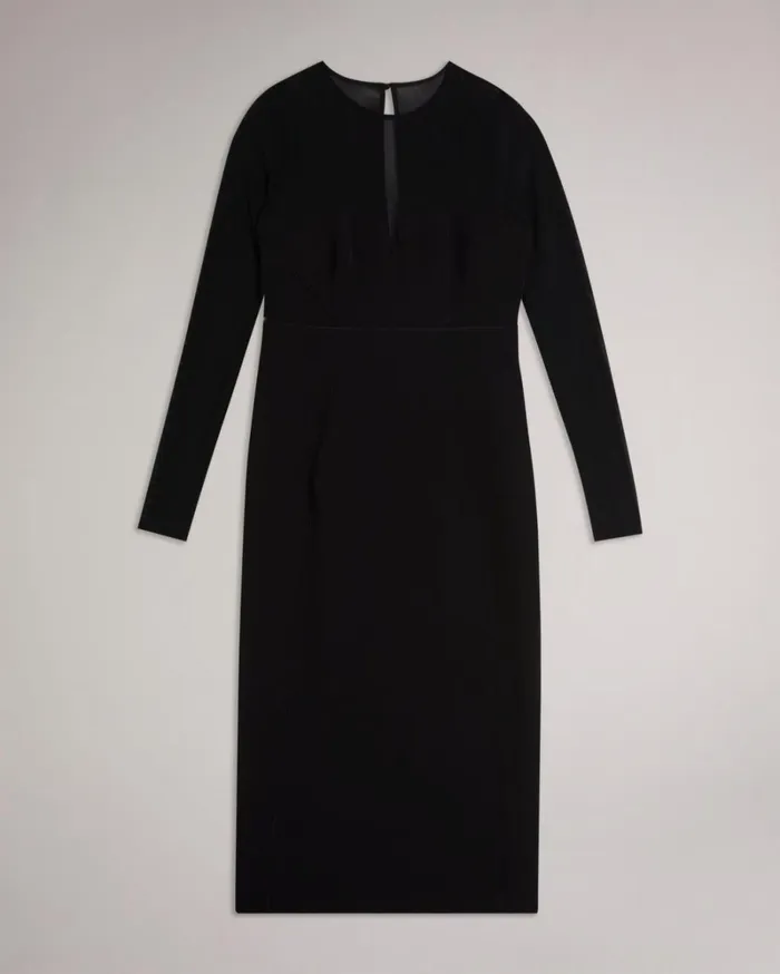 Bodycon Midi Dress With Sheer Sleeves Black Women Ted Baker Clothing