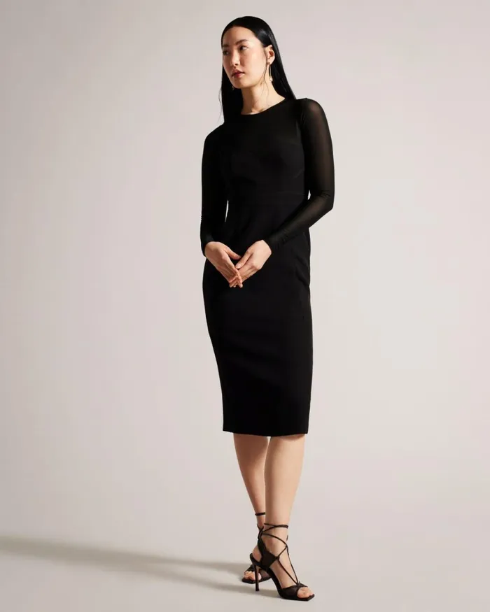 Bodycon Midi Dress With Sheer Sleeves Black Women Ted Baker Clothing Bodycon Midi Dress With Sheer Sleeves Black Women Ted Baker Clothing
