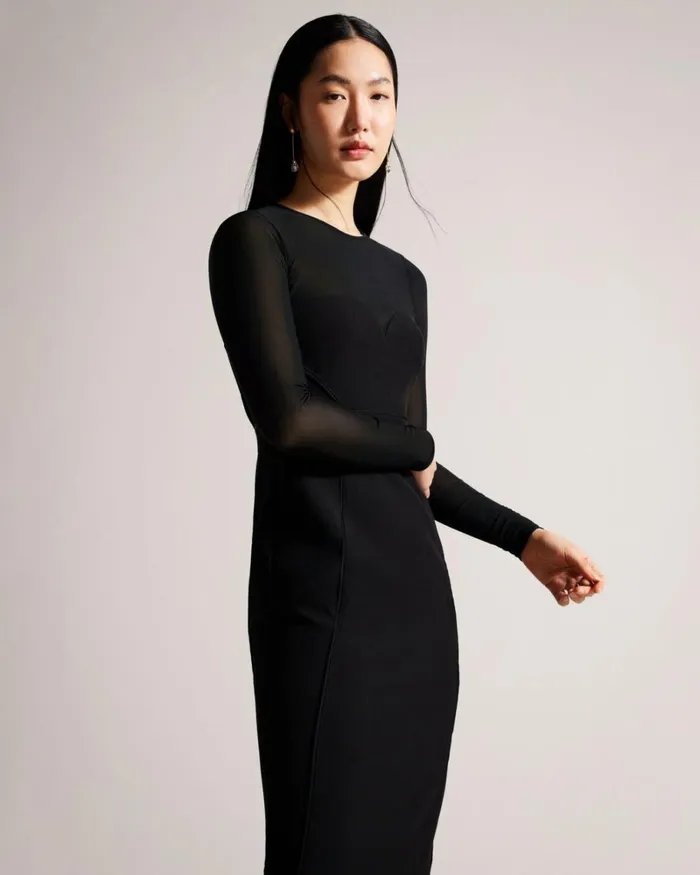 Bodycon Midi Dress With Sheer Sleeves Black Women Ted Baker Clothing Bodycon Midi Dress With Sheer Sleeves Black Women Ted Baker Clothing