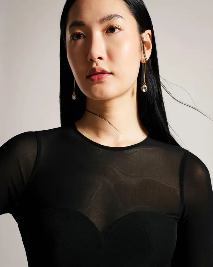 Bodycon Midi Dress With Sheer Sleeves Black Women Ted Baker Clothing Bodycon Midi Dress With Sheer Sleeves Black Women Ted Baker Clothing