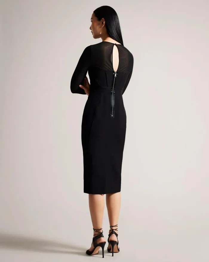 Bodycon Midi Dress With Sheer Sleeves Black Women Ted Baker Clothing Bodycon Midi Dress With Sheer Sleeves Black Women Ted Baker Clothing