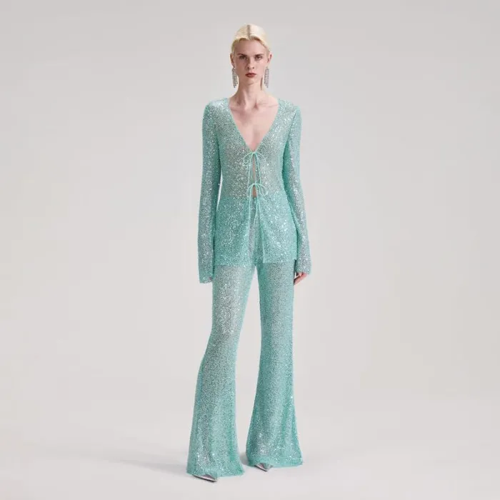 Bottoms Woman SelfPortrait Blue Beaded Trousers