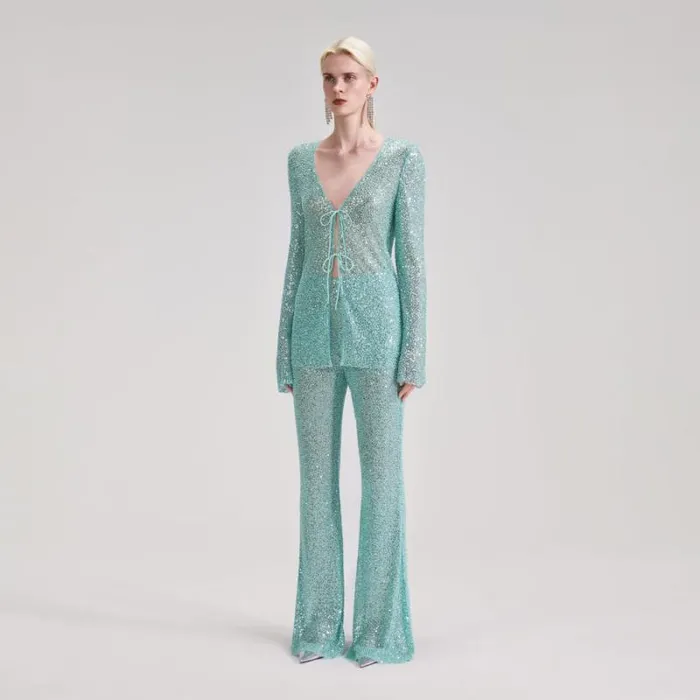 Bottoms Woman SelfPortrait Blue Beaded Trousers Bottoms Woman SelfPortrait Blue Beaded Trousers
