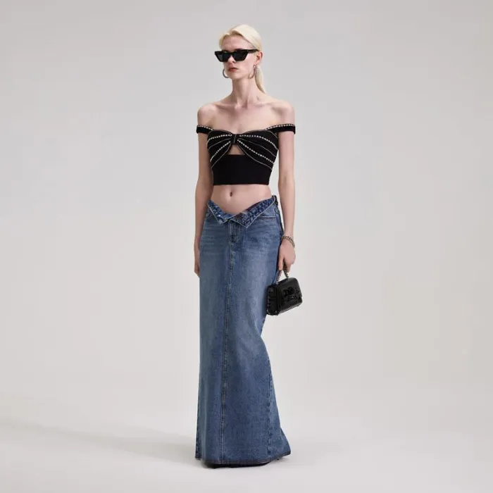 Bottoms Woman SelfPortrait Denim Maxi Skirt Bottoms Woman SelfPortrait Denim Maxi Skirt