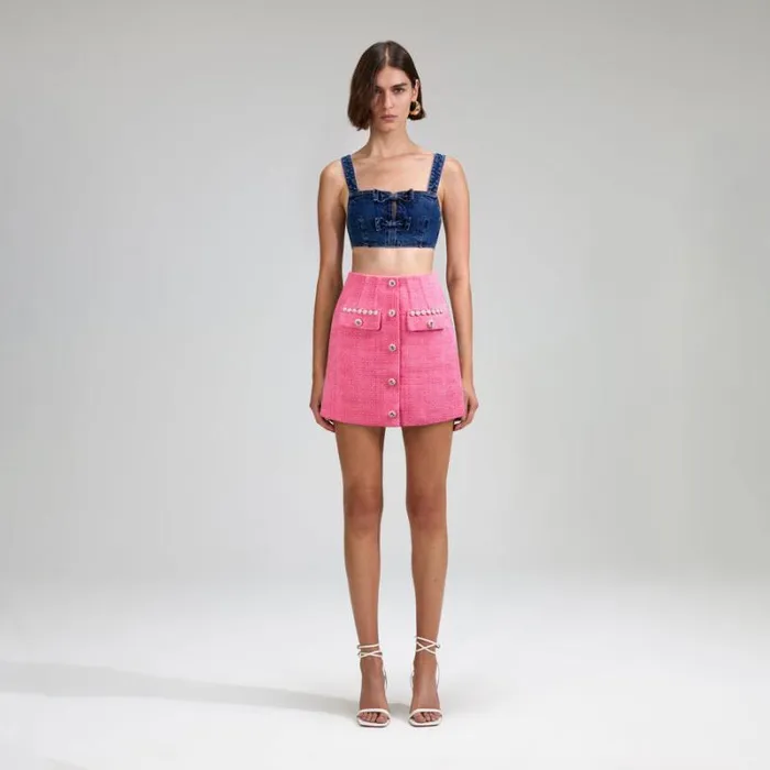 Bottoms Woman SelfPortrait Denim Mini Skirt With Buttons Bottoms Woman SelfPortrait Denim Mini Skirt With Buttons