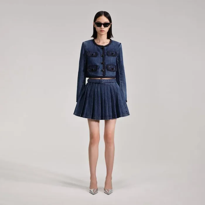Bottoms Woman SelfPortrait Denim Pleated Mini Skirt