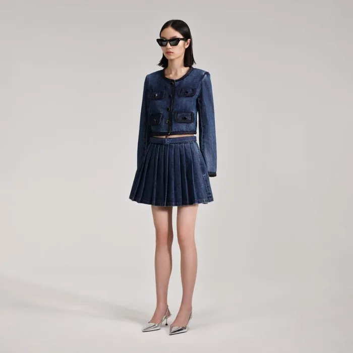 Bottoms Woman SelfPortrait Denim Pleated Mini Skirt Bottoms Woman SelfPortrait Denim Pleated Mini Skirt