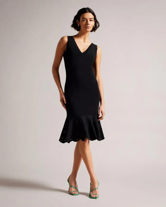 Broderie Stitch Midi Knit Dress Black Women Ted Baker Clothing