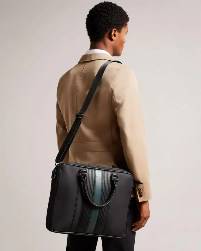 Core Twill PU Striped Document Bag Black Men Ted Baker Duffel Bags