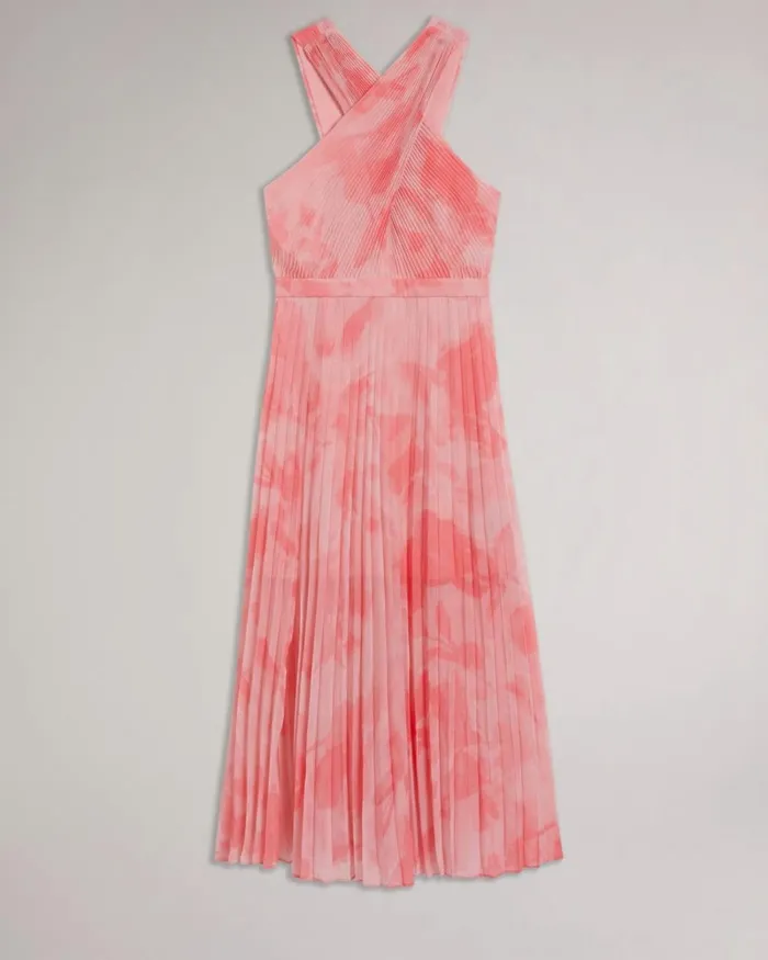 Cross Front Pleated Midi Dress Coral Women Ted Baker Clothing