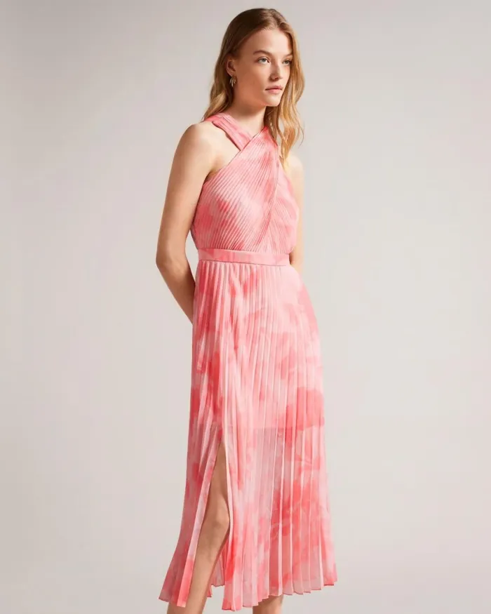 Cross Front Pleated Midi Dress Coral Women Ted Baker Clothing
