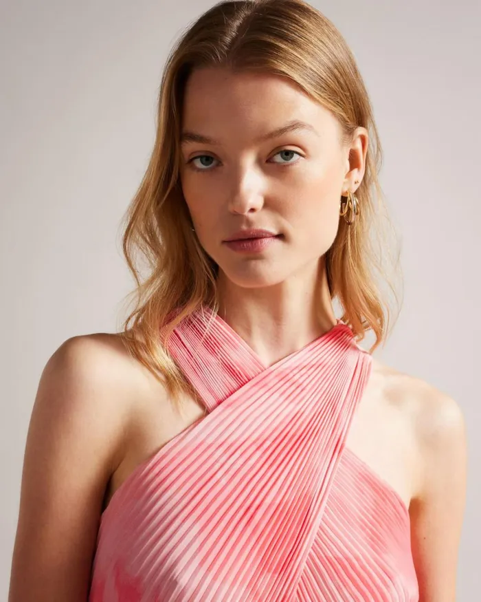 Cross Front Pleated Midi Dress Coral Women Ted Baker Clothing