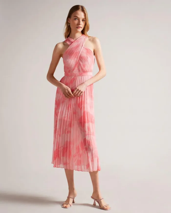 Cross Front Pleated Midi Dress Coral Women Ted Baker Clothing