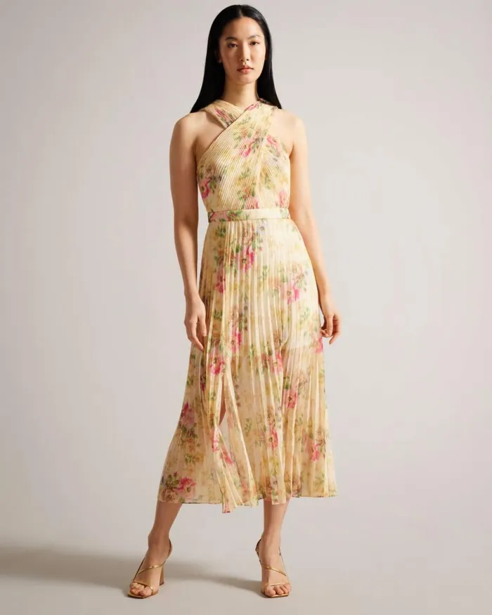 Cross Front Pleated Midi Dress Tan Women Ted Baker Clothing