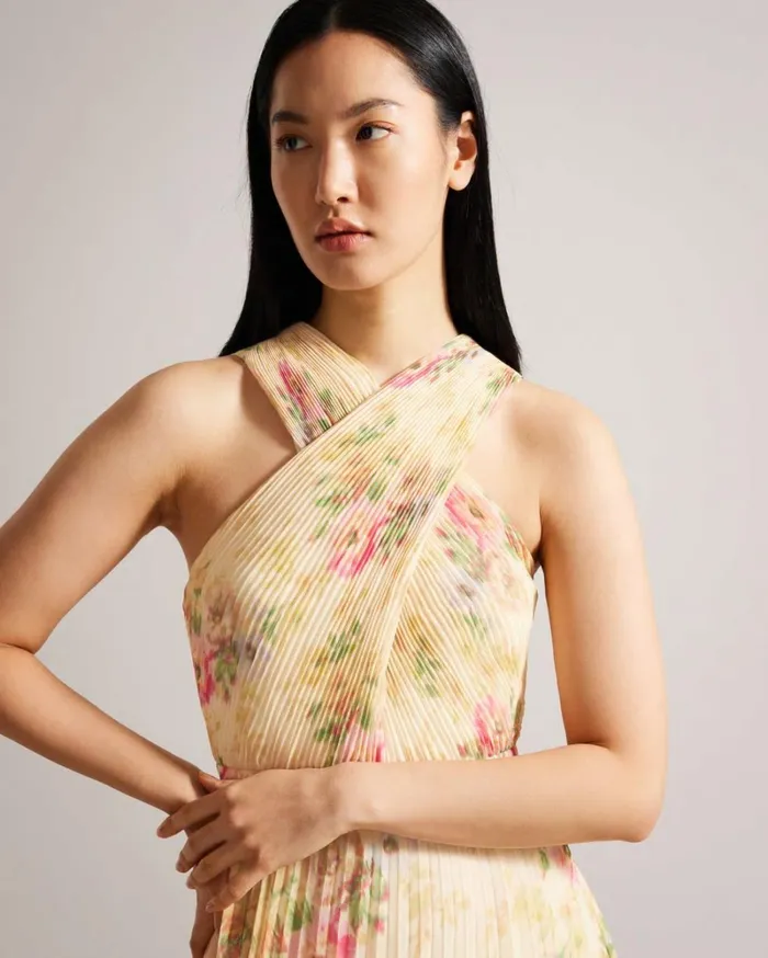 Cross Front Pleated Midi Dress Tan Women Ted Baker Clothing