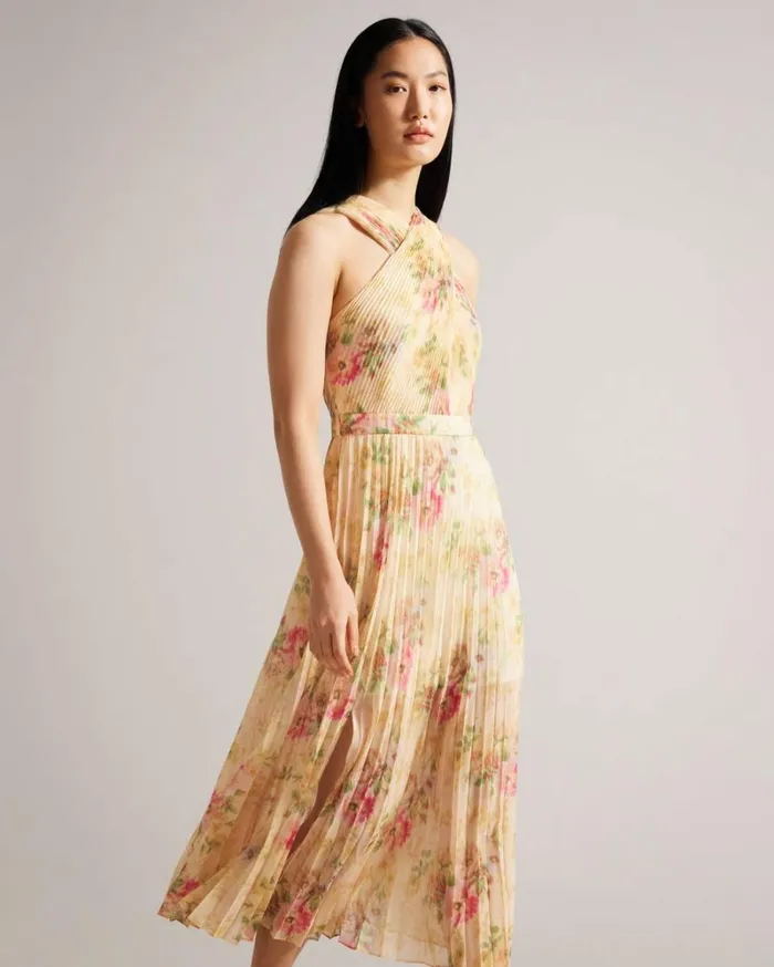 Cross Front Pleated Midi Dress Tan Women Ted Baker Clothing