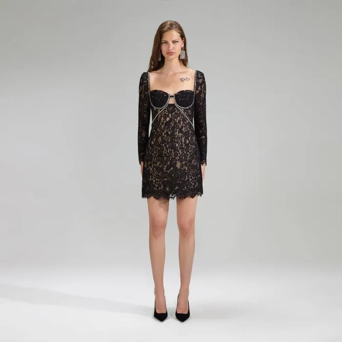 Dresses Woman SelfPortrait Black Corded Lace Mini Dress