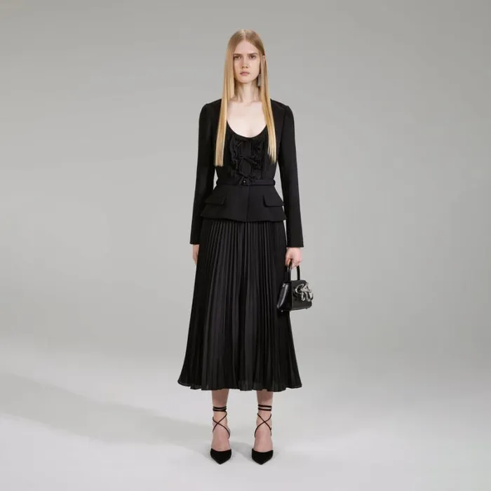 Dresses Woman SelfPortrait Black Crepe And Chiffon Midi Dress