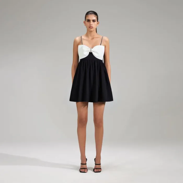 Dresses Woman SelfPortrait Black Crepe Mini Dress With White Bow