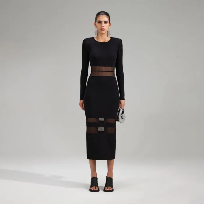 Dresses Woman SelfPortrait Black Knit Striped Midi Dress