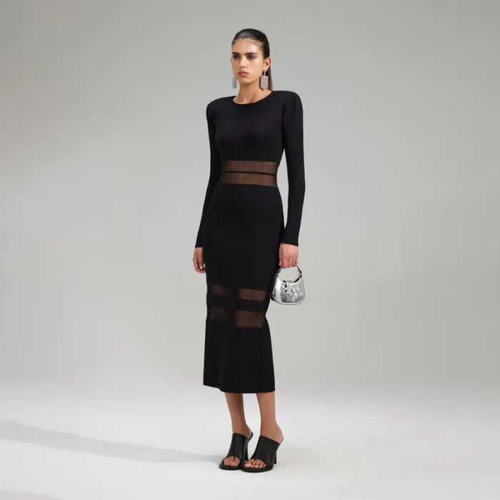 Dresses Woman SelfPortrait Black Knit Striped Midi Dress Dresses Woman SelfPortrait Black Knit Striped Midi Dress