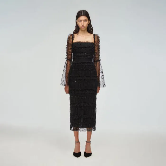 Dresses Woman SelfPortrait Black Knit Striped Midi Dress Dresses Woman SelfPortrait Black Knit Striped Midi Dress