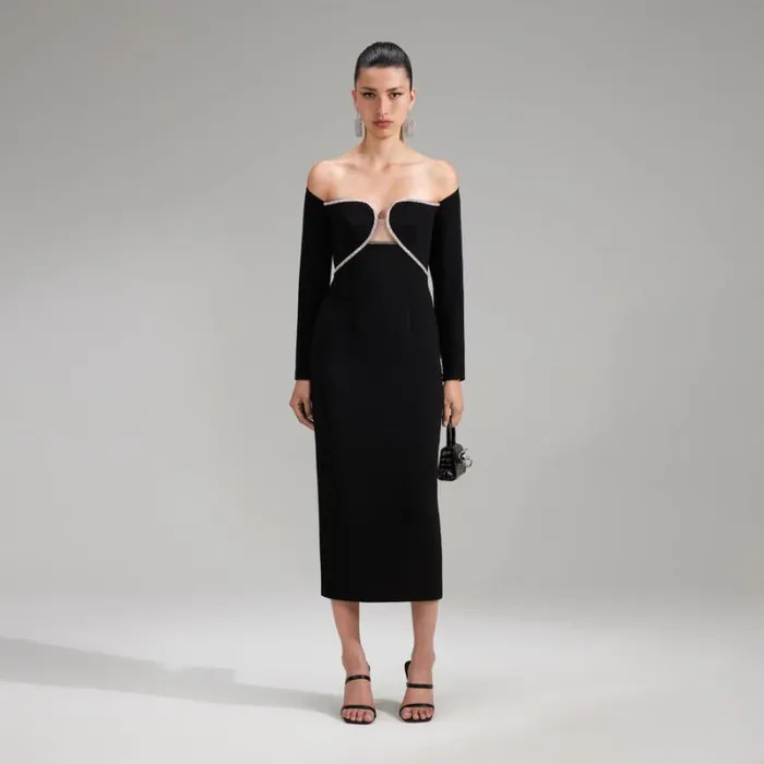 Dresses Woman SelfPortrait Black Off Shoulder Heavy Crepe Midi Dress