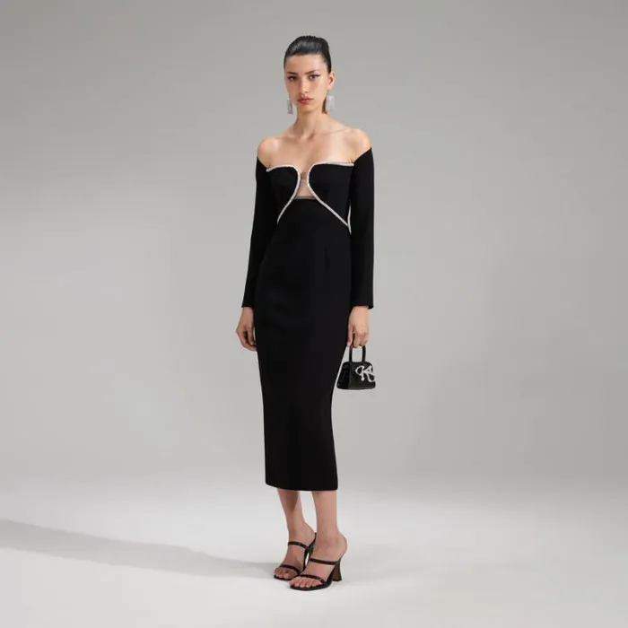 Dresses Woman SelfPortrait Black Off Shoulder Heavy Crepe Midi Dress Dresses Woman SelfPortrait Black Off Shoulder Heavy Crepe Midi Dress