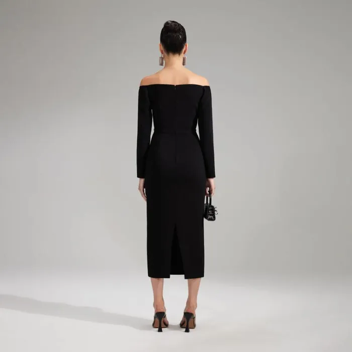 Dresses Woman SelfPortrait Black Off Shoulder Heavy Crepe Midi Dress Dresses Woman SelfPortrait Black Off Shoulder Heavy Crepe Midi Dress