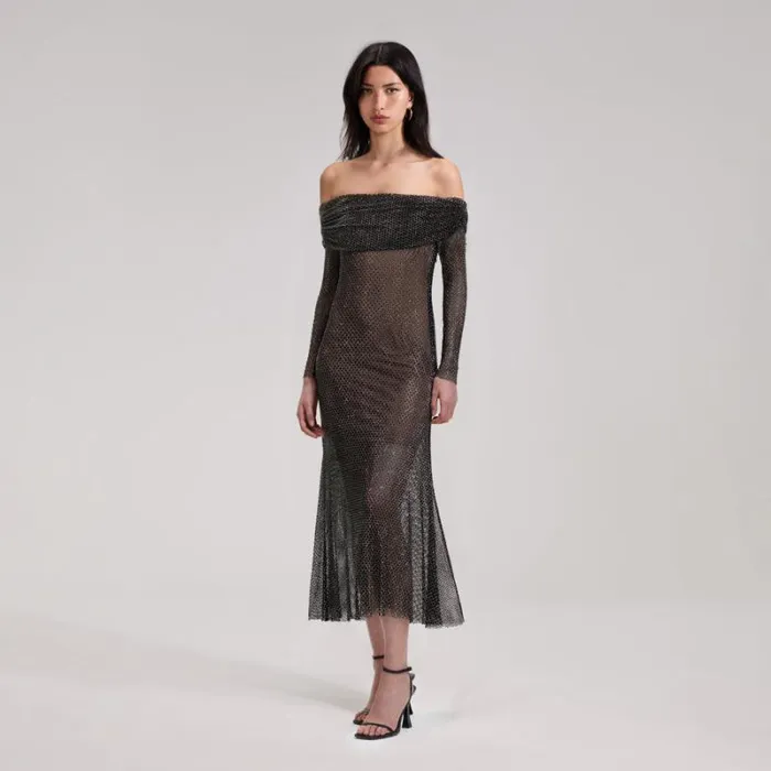 Dresses Woman SelfPortrait Black Rhinestone Fishnet Midi Dress Dresses Woman SelfPortrait Black Rhinestone Fishnet Midi Dress