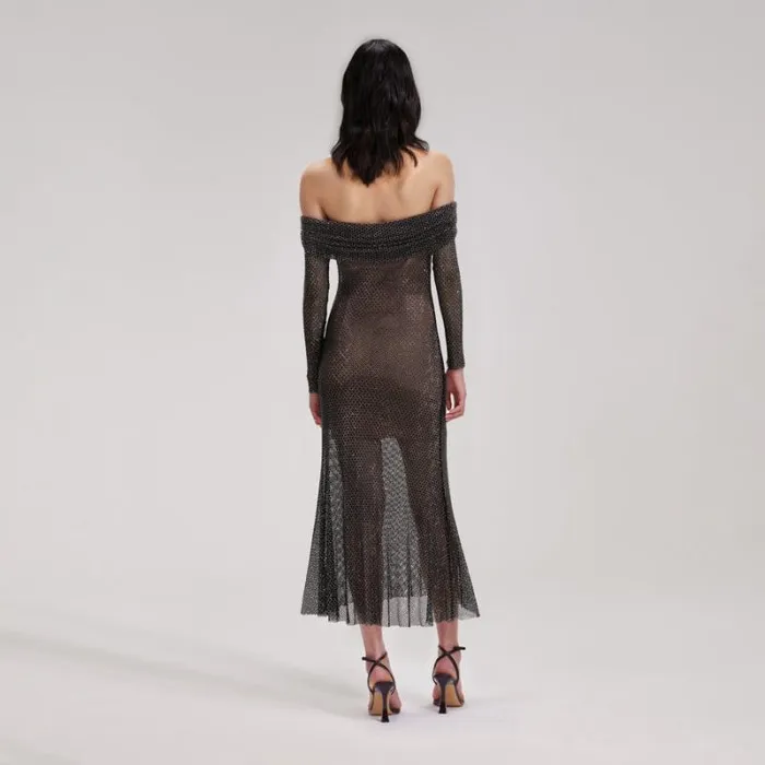 Dresses Woman SelfPortrait Black Rhinestone Fishnet Midi Dress Dresses Woman SelfPortrait Black Rhinestone Fishnet Midi Dress