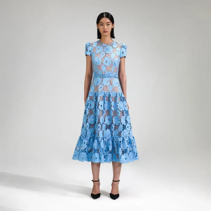 Dresses Woman SelfPortrait Blue 3D Cotton Lace Midi Dress