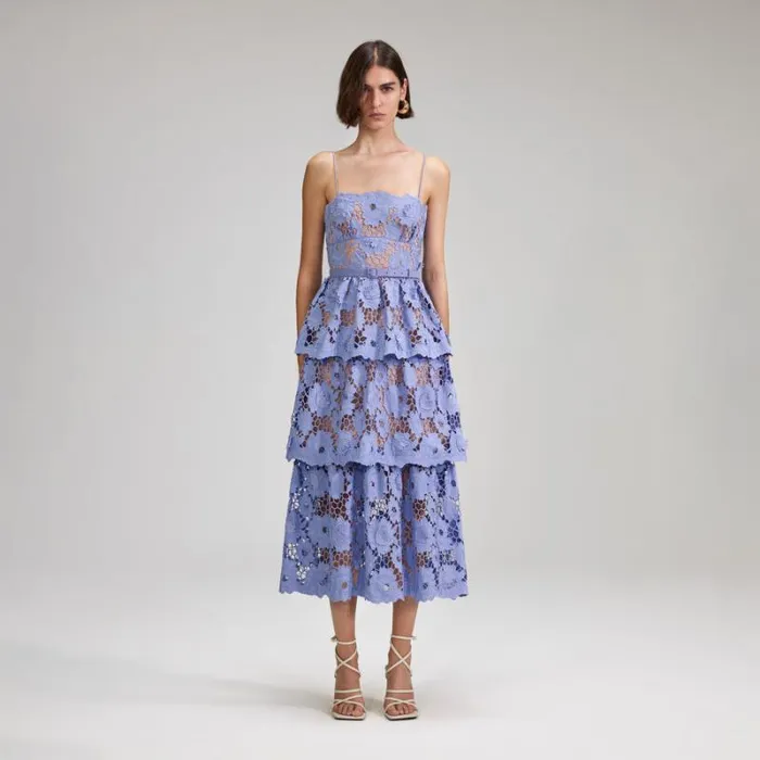 Dresses Woman SelfPortrait Blue 3D Cotton Lace Midi Dress Dresses Woman SelfPortrait Blue 3D Cotton Lace Midi Dress