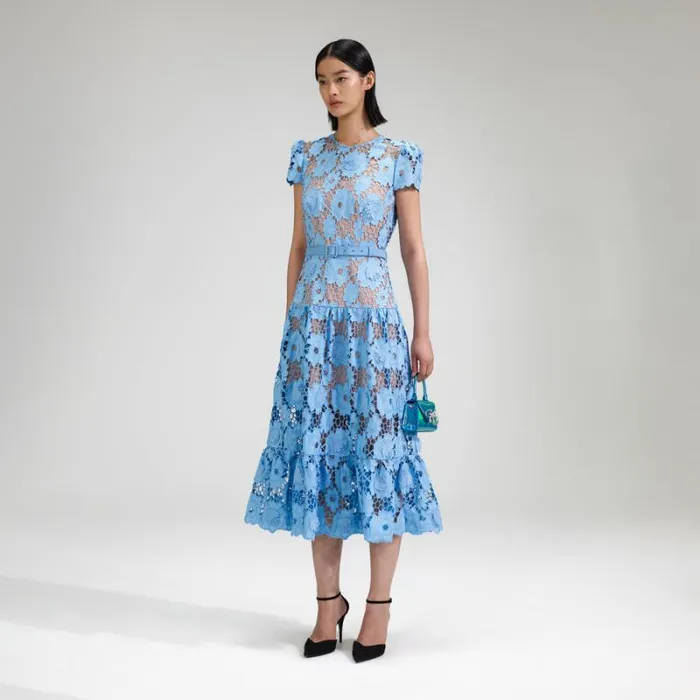 Dresses Woman SelfPortrait Blue 3D Cotton Lace Midi Dress Dresses Woman SelfPortrait Blue 3D Cotton Lace Midi Dress
