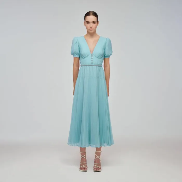 Dresses Woman SelfPortrait Blue Chiffon Diamant Button Midi Dress