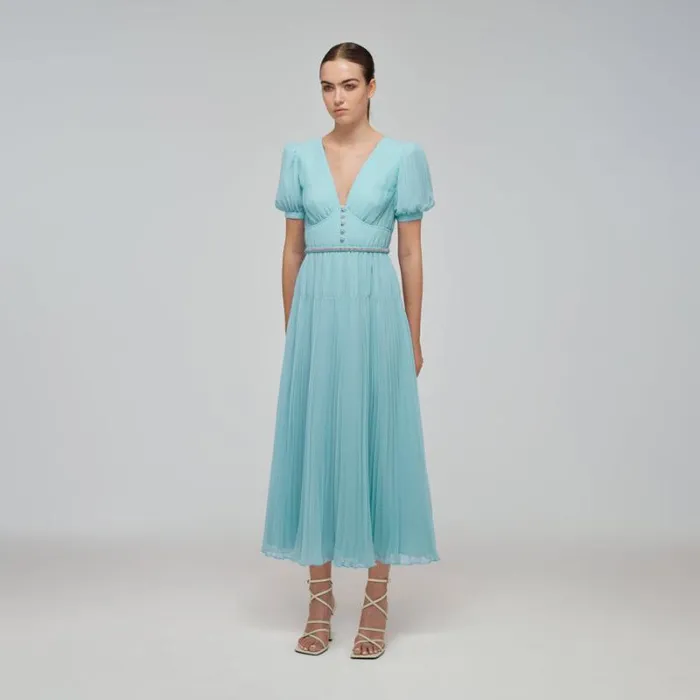 Dresses Woman SelfPortrait Blue Chiffon Diamant Button Midi Dress Dresses Woman SelfPortrait Blue Chiffon Diamant Button Midi Dress
