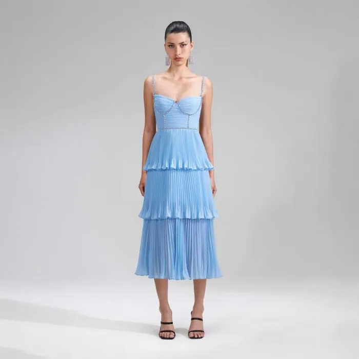 Dresses Woman SelfPortrait Blue Chiffon Tiered Midi Dress
