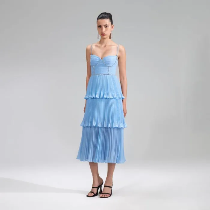 Dresses Woman SelfPortrait Blue Chiffon Tiered Midi Dress Dresses Woman SelfPortrait Blue Chiffon Tiered Midi Dress