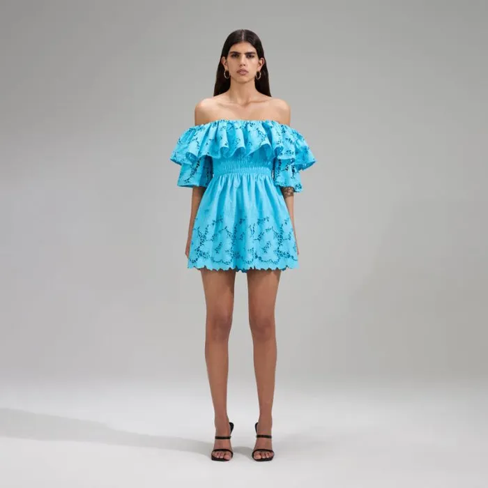 Dresses Woman SelfPortrait Blue Cotton Lace Mini Dress