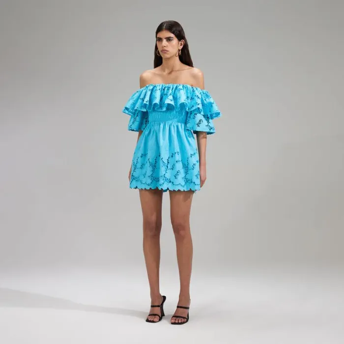 Dresses Woman SelfPortrait Blue Cotton Lace Mini Dress Dresses Woman SelfPortrait Blue Cotton Lace Mini Dress